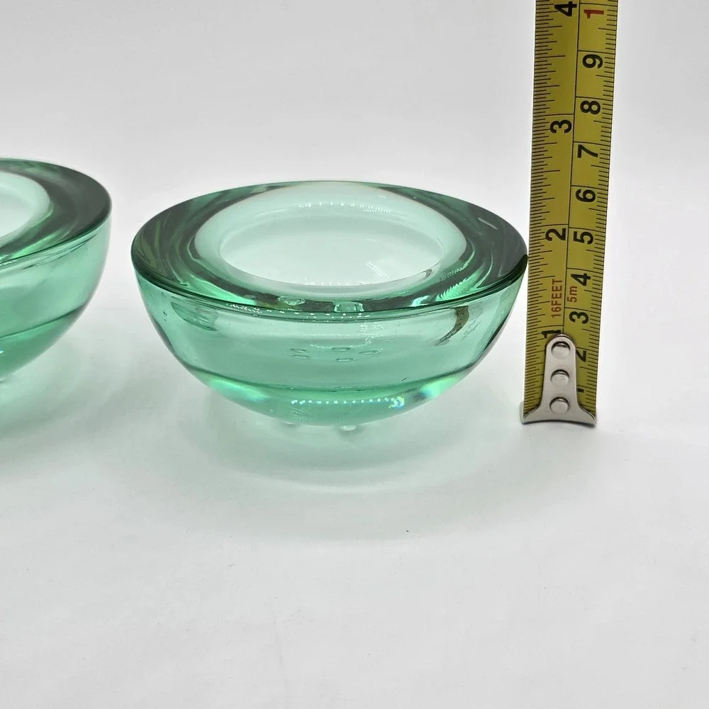 Vtg Pair Green Candlestick Holders Tealight Candle Glass‎ 50s 60s 70s